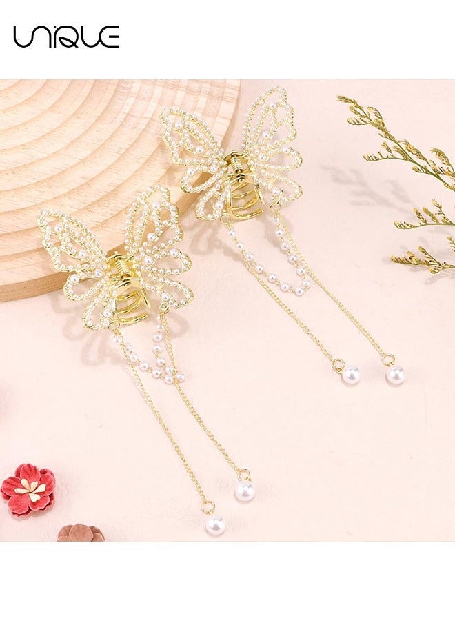 Unique 2Pcs Butterfly Clips for Hair, Butterfly Hair Claw Clips with Charms, Metal Fancy Hair Clips Hair Tassel Pearl Butterfly Hair Styling Accessories for Women Girls (Hollow Pearl butterfly) - Image 5